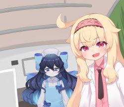 Rule 34 | 2girls, artist request, black hair, blonde hair, blue hair, blush, bow, collared shirt, commentary request, expressionless, gradient hair, hair bow, hairband, hat, hospital, indoors, infirmary, lab coat, large bow, little witch nobeta, long hair, looking at viewer, meme, metal gear (series), metal gear solid v: the phantom pain, multicolored hair, multiple girls, necktie, nine years in a coma (meme), nobeta, nurse cap, official art, open mouth, overalls, parody, pink eyes, pink shirt, scene reference, shirt, tania (little witch nobeta), upper body