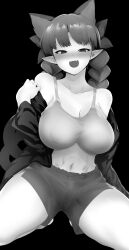Rule 34 | 1girl, :d, alternate breast size, animal ears, bare shoulders, black background, blunt bangs, blush, braid, breasts, cat ears, cleavage, covered erect nipples, extra ears, greyscale, highres, kaenbyou rin, kneeling, large breasts, looking at viewer, mizuga, monochrome, off shoulder, open mouth, pointy ears, smile, solo, spread legs, touhou, twin braids