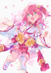 Rule 34 | 1girl, ahoge, bell, bridal garter, cherry blossom print, floral print, green eyes, hair bell, hair ornament, hairclip, highres, hololive, looking at viewer, open mouth, paw print, paw print pattern, petals, pink hair, sakura miko, sakura miko (1st costume), sandals, single thighhigh, solo, thighhighs, virtual youtuber, white background, white thighhighs, x hair ornament, zuho (vega)