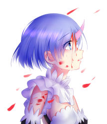 Rule 34 | 10s, 1girl, blood, blood on face, blue eyes, blue hair, breasts, choker, cleavage, detached sleeves, highres, horns, looking up, open mouth, petals, re:zero kara hajimeru isekai seikatsu, rem (re:zero), short hair, simple background, single horn, small breasts, solo, white background, zqzqy