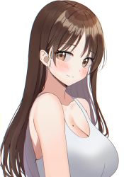 Rule 34 | 1girl, absurdres, bad id, bad pixiv id, bare shoulders, blush, breasts, brown eyes, brown hair, cleavage, closed mouth, highres, kubong, large breasts, long hair, mole, mole on breast, original, parted bangs, simple background, smile, solo, upper body, white background