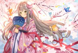 Rule 34 | 1girl, ame sagari, animal, blurry, blurry background, blush, brown eyes, brown hair, bug, butterfly, cherry blossoms, closed mouth, commentary request, depth of field, floral print, flower, hand fan, holding, holding fan, insect, japanese clothes, kimono, long hair, long sleeves, original, paper fan, pink flower, pink kimono, print kimono, red ribbon, ribbon, smile, solo, sparkle, tree, uchiwa, very long hair, white flower, wide sleeves