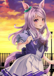 Rule 34 | 1girl, animal ears, bench, bow, clenched hand, commentary request, fence, hair bow, highres, horse ears, horse girl, horse tail, kouji (campus life), lamppost, long hair, looking at viewer, mejiro mcqueen (umamusume), open mouth, park bench, pink hair, pleated skirt, puffy short sleeves, puffy sleeves, purple eyes, school uniform, short sleeves, skirt, smile, solo, sunset, tail, tracen school uniform, umamusume, upper body