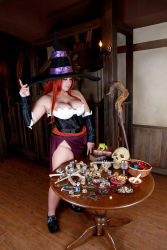 Rule 34 | 1girl, asian, breasts, chouzuki maryou, cosplay, dragon&#039;s crown, hat, highres, hip focus, large breasts, photo (medium), plump, red hair, solo, witch, sorceress (dragon&#039;s crown), sorceress (dragon&#039;s crown) (cosplay), staff, thick thighs, thighs, wide hips, witch hat