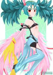 Rule 34 | 1girl, absurdres, bird legs, bird tail, blue feathers, breasts, claws, commentary request, eshimagure, feathered wings, feathers, gloves, green hair, hair between eyes, hair ornament, harpie carla, harpy, heart, heart hair ornament, highres, midriff, monster girl, navel, pink feathers, pink wings, pointy ears, red eyes, small breasts, solo, stirrup legwear, tail, talons, toeless legwear, twintails, underboob, winged arms, wings, yellow gloves, yu-gi-oh!, yu-gi-oh! rush duel