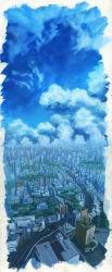 Rule 34 | blue sky, cityscape, cloud, cloudy sky, cumulonimbus cloud, day, highres, landscape, no humans, original, outdoors, road, sawitou mizuki, scenery, sky, traditional media