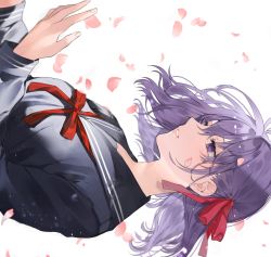 Rule 34 | 1girl, black shirt, blouse, breasts, commentary, fate/stay night, fate (series), floating hair, from side, hair ribbon, highres, long hair, long sleeves, matou sakura, medium hair, neck ribbon, petals, purple eyes, purple hair, red ribbon, ribbon, sailor collar, shimatori (sanyyyy), shirt, simple background, solo, symbol-only commentary, upper body