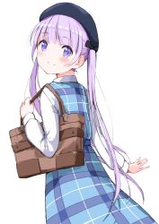 Rule 34 | 1girl, absurdres, bag, beret, blush, bow, closed mouth, dress, hair bow, handbag, hat, highres, holding, long hair, long sleeves, looking at viewer, looking back, new game!, plaid, plaid dress, purple eyes, purple hair, smile, solo, suzukaze aoba, twintails, white background, yanagi marie