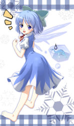 Rule 34 | 1girl, ^^^, bad id, bad pixiv id, barefoot, blue eyes, blue hair, bow, cirno, feet, frog, frozen, frozen frog, hair bow, ice, kimitoshiin, matching hair/eyes, open mouth, short hair, smile, snowflakes, solo, sweatdrop, touhou, touhou hisoutensoku, wings