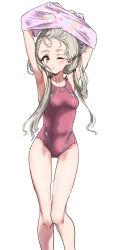 Rule 34 | 1girl, absurdres, armpits, arms up, bare shoulders, braid, braided bangs, breasts, collarbone, commentary request, feet out of frame, gluteal fold, grey eyes, grey hair, hair over shoulder, highres, hisakawa nagi, idolmaster, idolmaster cinderella girls, long hair, long legs, low twintails, one-piece swimsuit, pizzasi, red one-piece swimsuit, ribbed swimsuit, simple background, small breasts, solo, standing, swimsuit, twintails, undressing, very long hair, white background