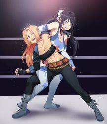 Rule 34 | 2girls, abs, bare shoulders, belt, belt buckle, black hair, blonde hair, blue eyes, boots, breasts, buckle, chain, choker, cleavage, collarbone, commission, difman, elbow gloves, female focus, fighting, fingerless gloves, full body, gloves, highres, large breasts, long hair, multiple girls, muscular, muscular female, navel, open mouth, original, pants, ponytail, standing, strapless, sweat, teeth, thighhighs, tongue, tube top, underboob, watermark, wrestling