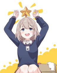 Rule 34 | 1girl, :d, arms up, blue eyes, blue sweater, blush, box, breasts, cardboard box, christmas ornaments, christmas star, collared shirt, commentary, dot nose, double-parted bangs, earrings, feet out of frame, grey hair, hair between eyes, hair ornament, hairclip, highres, idolmaster, idolmaster shiny colors, jewelry, knees, long sleeves, looking up, medium breasts, medium hair, object on head, open mouth, raised eyebrows, rgst (ramgester), serizawa asahi, shirt, simple background, single earring, smile, solo, squatting, star (symbol), straight-on, sweater, symbol-only commentary, teeth, thick eyelashes, upper teeth only, white background, white shirt, yellow background