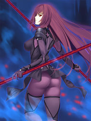 Rule 34 | 1girl, ass, bodysuit, breasts, fate/grand order, fate (series), large breasts, long hair, polearm, purple bodysuit, purple hair, red eyes, revision, scathach (fate), scathach (fate), solo, tsukikanade, very long hair, weapon