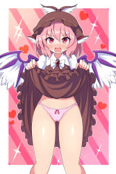 Rule 34 | 1girl, animal ears, bird ears, bird wings, blush, brown dress, brown hat, clothes lift, dress, dress lift, feet out of frame, frilled dress, frills, hair between eyes, hat, heart, lifting own clothes, long sleeves, mystia lorelei, open mouth, panties, pink eyes, pink hair, pink panties, rizento, short hair, solo, sparkle, touhou, underwear, white wings, winged hat, wings
