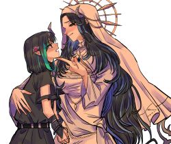 Rule 34 | 2girls, absurdres, amaotome, belt, black belt, black dress, black hair, blue hair, breasts, brown eyes, chest belt, cleavage, cleavage cutout, closed mouth, clothing cutout, coif, cowboy shot, curled horns, demon girl, demon horns, demon tail, dress, eye hair ornament, fang, grey horns, halo, hand on another&#039;s back, hand on another&#039;s chin, hebiyoi tier, hebiyoi tier (2nd costume), highres, horns, large breasts, long hair, long sleeves, looking at another, medium hair, multicolored hair, multiple girls, nanashi inc., official alternate costume, open mouth, orange halo, pointy ears, red eyes, shishio chris, shishio chris (3rd costume), short sleeves, sidelocks, simple background, tail, two-tone hair, virtual youtuber, white background, white dress, white headwear, wristband, yuri