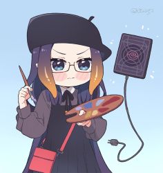 Rule 34 | 1girl, bag, beret, black bow, black bowtie, black dress, black hair, black hat, blue eyes, blush stickers, book, bow, bowtie, cable, dress, floating, floating book, floating object, glasses, gradient background, grey shirt, hat, holding, holding paintbrush, holding palette, hololive, hololive english, kukie-nyan, long sleeves, ninomae ina&#039;nis, ninomae ina&#039;nis (casual), official alternate costume, paintbrush, palette (object), red bag, shirt, shoulder bag, solo, twitter username, virtual youtuber