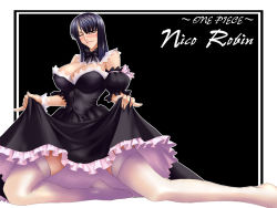 Rule 34 | 1girl, black background, black dress, black hair, blush, bow, breasts, character name, copyright name, dress, huge breasts, kagami hirotaka, maid, nico robin, one eye closed, one piece, smile, solo, thighhighs, wallpaper, wink