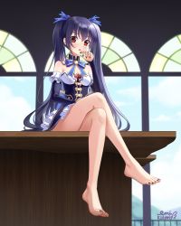 Rule 34 | 1girl, ankle, bare shoulders, barefoot, black hair, blush, breasts, choujigen game neptune, collar, compile heart, crossed legs, dress, feet, gloves, highres, idea factory, jacket, knees, legs, long hair, looking at viewer, medium breasts, neptune (series), noire (neptunia), parted lips, red eyes, ribbon, shin jigen game neptune vii, sitting, skirt, table, thighs, toes, tsundere, twintails, very long hair, waistcoat