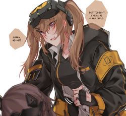 Rule 34 | 2girls, armband, black gloves, black jacket, blush, brown hair, commentary, english commentary, english text, fingerless gloves, girls&#039; frontline, gloves, goggles, goggles on head, hair between eyes, highres, hood, hooded jacket, jacket, long hair, long sleeves, mod3 (girls&#039; frontline), multiple girls, open clothes, open mouth, open shirt, scar, scar across eye, scar on face, shirt, simple background, solo focus, twintails, ump45 (girls&#039; frontline), ump45 (mod3) (girls&#039; frontline), ump9 (girls&#039; frontline), ump9 (mod3) (girls&#039; frontline), white background, white shirt, yuutama2804