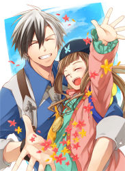 Rule 34 | 1boy, 1girl, arm up, beret, black hair, black hat, brown hair, closed eyes, colored tips, elle mel marta, flower, grin, happy, hat, jacket, jewelry, long hair, ludger will kresnik, multicolored hair, necktie, pendant, shirt, smile, tales of (series), tales of xillia, tales of xillia 2, twintails, two-tone hair, white hair, yogura