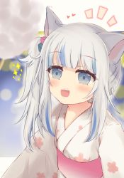 Rule 34 | 1girl, blue eyes, blue hair, blurry, blurry foreground, commentary request, cotton candy, cube hair ornament, depth of field, fins, fish tail, floral print, gawr gura, grey hair, hair ornament, heart, highres, hololive, hololive english, japanese clothes, kimono, long hair, multicolored hair, notice lines, obi, open mouth, print kimono, ridy (ri sui), sash, shark tail, side ponytail, solo, sparkle, streaked hair, tail, upper body, virtual youtuber, white kimono