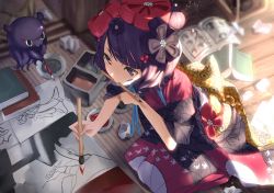 Rule 34 | 1girl, animal print, bird print, book, commentary request, drawing, fate/grand order, fate (series), hair ornament, highres, japanese clothes, katsushika hokusai (fate), mouth hold, octopus, paintbrush, purple eyes, purple hair, short hair, tsuuhan, wooden floor