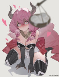 Rule 34 | 1girl, aura (sousou no frieren), bare shoulders, black gloves, boots, braid, breasts, cleavage, clothing cutout, collarbone, cum, defeat, demon girl, demon horns, elbow gloves, gloves, gold necklace, hair between eyes, heart, heart-shaped pupils, highres, horns, jewelry, large breasts, long hair, looking at viewer, low-braided long hair, low-tied long hair, mind control, multiple braids, navel, navel cutout, necklace, parted lips, pink eyes, pink hair, simple background, skirt, sousou no frieren, symbol-shaped pupils, tearing up, thigh boots, thighs, twin braids, waist cape, weighing scale, white background, white skirt