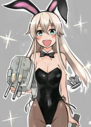 Rule 34 | 10s, 1girl, anchor, anchor hair ornament, animal ears, bare shoulders, bow, bowtie, breasts, cannon, cleavage, fake animal ears, green eyes, hair ornament, kantai collection, leotard, long hair, nerotarou, open mouth, pantyhose, playboy bunny, rabbit ears, rensouhou-chan, shimakaze (kancolle), silver hair, sleeveless, solo, weapon