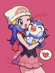 Rule 34 | + +, 1girl, ;d, beanie, black shirt, blue eyes, blue hair, bracelet, commentary request, cowboy shot, creatures (company), dated, dawn (pokemon), game freak, gatcha8169, gen 4 pokemon, hair ornament, hairclip, hat, heart, highres, holding, holding poke ball, jewelry, long hair, nintendo, one eye closed, open mouth, pink background, pink skirt, piplup, poke ball, poke ball print, pokemon, pokemon (creature), pokemon dppt, red scarf, sample watermark, scarf, shirt, signature, skirt, sleeveless, sleeveless shirt, smile, spoken heart, watermark, white headwear