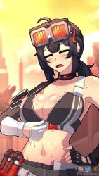 1girl ahoge animated armpits artist_collaboration artist_name audible_speech bare_shoulders black_hair blush breasts breath cleavage crop_top dripping evil_trevo fingerless_gloves gloves goggles goggles_on_head grace_howard hairdressing highres hot large_breasts long_hair navel newgrounds_logo opaluva orange_eyes pants patreon_logo second-party_source single_fingerless_glove solo sound sports_bra steaming_body stomach sweat twitter_logo very_sweaty video watermark zenless_zone_zero