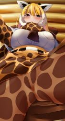 Rule 34 | 1girl, absurdres, animal ears, animal print, belt, blonde hair, blush, bodystocking, breast pocket, breasts, brown necktie, closed mouth, cowboy shot, crotch, foreshortening, from below, giraffe ears, giraffe girl, giraffe horns, giraffe print, half-closed eyes, high-waist skirt, highres, horns, indoors, kemono friends, large breasts, layered sleeves, legs apart, long hair, long sleeves, looking at viewer, looking down, miniskirt, multicolored hair, necktie, pocket, print scarf, print sleeves, purple eyes, reticulated giraffe (kemono friends), scarf, shirt, short over long sleeves, short sleeves, skirt, solo, upskirt, white hair, white shirt, ykt scl
