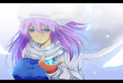Rule 34 | 1girl, blue eyes, breasts, closed mouth, commentary request, hair between eyes, hat, highres, large breasts, letterboxed, letty whiterock, long sleeves, looking at viewer, medium hair, nekominase, purple eyes, scarf, smile, solo, touhou, upper body, white hat, white scarf