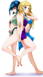 Rule 34 | 2girls, absurdres, back-to-back, barefoot, blonde hair, blue eyes, blue hair, blush, breasts, full body, hand in own hair, hand on own hip, highres, holding hands, interlocked fingers, katia grineal, long hair, medium breasts, melua melna meia, midriff, multiple girls, navel, parted lips, rikito1087, simple background, small breasts, smile, standing, standing on one leg, stomach, super robot wars, super robot wars judgement, white background, yellow eyes