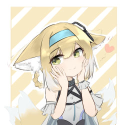 Rule 34 | 1girl, afterimage, animal ear fluff, animal ears, arknights, bare shoulders, blonde hair, blue hairband, blush, braid, braided hair rings, breasts, closed mouth, diagonal stripes, ear wiggle, fox ears, fox girl, fox tail, green eyes, hair between eyes, hair rings, hairband, hands on own face, hands up, heart, highres, kitsune, looking at viewer, multicolored hair, sarea (sarea2020), shirt, small breasts, solo, striped, striped background, suzuran (arknights), tail, twin braids, two-tone hair, upper body, wavy hair, white hair, white shirt