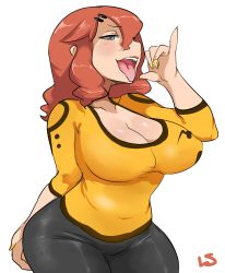 Rule 34 | 1girl, bad id, bad pixiv id, breasts, claudette j hornette, fellatio gesture, gesture, highres, large breasts, lightsource, looking at viewer, nail polish, original, red hair, sexually suggestive, silver hair, simple background, solo, tongue, white background