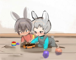 Rule 34 | 2boys, animal ears, baby, bad id, bad pixiv id, blush, brown eyes, full body, grey hair, highres, male focus, multiple boys, original, overalls, playing, rabbit ears, rabbit tail, shirokujira, sketch, smile, tail, toy