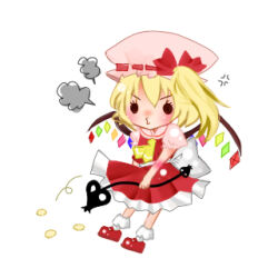 Rule 34 | 1girl, ascot, back bow, blonde hair, bobby socks, bow, chibi, closed mouth, flandre scarlet, frilled skirt, frills, full body, hat, holding, holding polearm, holding weapon, laevatein (touhou), large bow, lowres, mary janes, mikya, multicolored wings, polearm, red footwear, red ribbon, red skirt, red vest, ribbon, ribbon-trimmed headwear, ribbon trim, shirt, shoes, simple background, skirt, socks, solid circle eyes, solo, touhou, vest, weapon, white background, white bow, white shirt, white socks, wings, yellow ascot