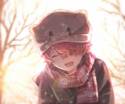 Rule 34 | 1boy, bandaid, bandaid on face, bandaid on nose, blurry, blush, depth of field, closed eyes, fukase, hair over one eye, male focus, red hair, scarf, smile, solo, tamagoyaki (megane-daisuki), tree, upper body, vocaloid, winter clothes