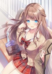 Rule 34 | 1boy, 1girl, beige cardigan, bench, bento, blue eyes, blush, bow, braid, breasts, brown hair, cardigan, cleavage, collarbone, collared shirt, dress shirt, fence, hand up, holding another&#039;s arm, kagachi saku, large breasts, long hair, long sleeves, looking at viewer, open mouth, original, plaid, plaid bow, plaid neckwear, plaid skirt, pleated skirt, red bow, red neckwear, red skirt, school uniform, shirt, sitting, skirt, smile, white shirt