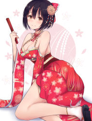 Rule 34 | 1girl, alternate costume, bare shoulders, black hair, blush, bow, breasts, brown eyes, cleavage, commentary request, detached sleeves, holding, idolmaster, idolmaster cinderella girls, japanese clothes, kimono, kinryuu, looking at viewer, medium breasts, red kimono, short hair, sitting, smile, solo, takafuji kako, thighs, white legwear, wide sleeves