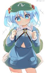 Rule 34 | 1girl, backpack, bag, blue eyes, blue shirt, blue skirt, closed mouth, cowboy shot, flat cap, green hat, hair bobbles, hair ornament, hat, highres, kawashiro nitori, key, long sleeves, looking at viewer, navel, one-hour drawing challenge, pocket, ramudia (lamyun), shirt, short hair, simple background, skirt, smile, solo, standing, touhou, twitter username, two side up, white background