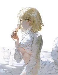 Rule 34 | 1girl, blonde hair, breasts, chimera, closed mouth, cookie, dungeon meshi, eating, falin touden, falin touden (chimera), feathers, food, food on face, gingerbread man, highres, holding, holding food, large breasts, looking at viewer, monster girl, orange eyes, quasarcake, short hair, simple background, solo, white background, white feathers