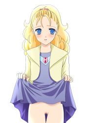 Rule 34 | 1990s (style), 1girl, blonde hair, blue eyes, blush, censored, clothes lift, final fantasy, final fantasy v, harapeko, krile mayer baldesion (ff5), mosaic censoring, no panties, ponytail, pussy, retro artstyle, simple background, skirt, skirt lift, solo