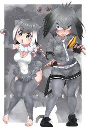 Rule 34 | 10s, 3girls, animal ears, barefoot, belt, bird tail, black gloves, black hair, blush, bodystocking, breast pocket, breasts, cleavage, closed mouth, collared shirt, commentary request, copyright name, covered navel, dated, elbow gloves, fingerless gloves, full body, fur collar, gloves, gradient hair, green eyes, grey gloves, grey hair, grey legwear, grey one-piece swimsuit, grey shirt, grey shorts, grey theme, hair between eyes, hands up, highres, hood, hood up, japari symbol, kemono friends, knees together feet apart, long hair, looking at another, low ponytail, multicolored clothes, multicolored hair, multiple girls, necktie, nose blush, one-piece swimsuit, open mouth, orange hair, otter ears, otter tail, panther chameleon (kemono friends), pantyhose, pocket, qralto, red eyes, shirt, shoebill (kemono friends), short hair, short sleeves, shorts, side ponytail, signature, small-clawed otter (kemono friends), smoke, standing, sweat, swimsuit, tail, thighhighs, toes, two-tone hair, upside-down, white hair, white necktie, white one-piece swimsuit, yellow eyes