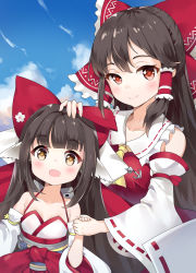 Rule 34 | 2girls, absurdres, animal ears, azur lane, black hair, bow, cloud, collarbone, commentary request, crossover, day, detached sleeves, flat chest, hair bow, hair tubes, hakurei reimu, hand on another&#039;s head, harutsuki (azur lane), highres, holding hands, little egg, long hair, look-alike, looking at viewer, multiple girls, open mouth, red eyes, sky, smile, touhou, yellow eyes