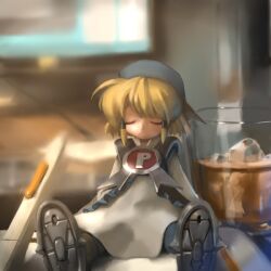Rule 34 | 1girl, alcohol, beer, blonde hair, blurry, blurry background, closed eyes, cup, dress, drinking glass, grey dress, grey footwear, hair tubes, ice, ice cube, mini person, minigirl, monitor, pixiv, pixiv-tan, realistic, short hair, shot glass, sitting, sleeping, sleeping upright, solo, soutasan