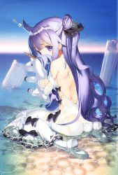 Rule 34 | 1girl, ahoge, azur lane, bare back, cloud, cloudy sky, commentary request, detached sleeves, hugging doll, dress, from behind, hair bun, highres, horizon, long hair, looking at viewer, looking back, nakamura takeshi, hugging object, ocean, one side up, purple eyes, purple hair, shallow water, side bun, single hair bun, single side bun, sitting, sky, solo, stuffed animal, stuffed pegasus, stuffed toy, stuffed unicorn, stuffed winged unicorn, thighhighs, twilight, unicorn (azur lane), wariza, water, wet, wet clothes, white dress, white thighhighs