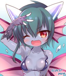 Rule 34 | 1girl, ;d, bad id, bad pixiv id, bikini, black skin, blue hair, blush, breasts, collarbone, colored skin, demon girl, demon horns, fang, fins, frost demon (p&amp;d), gradient background, green hair, hair between eyes, head fins, horns, ice, mashiro miru, medium breasts, one eye closed, open mouth, puzzle &amp; dragons, red eyes, scales, short hair, slit pupils, smile, solo, strap gap, swimsuit, twitter username, upper body, v, wings