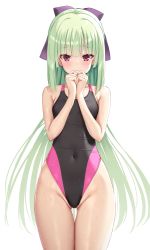 Rule 34 | 1girl, absurdres, black one-piece swimsuit, bow, competition swimsuit, covered navel, cowboy shot, flat chest, green hair, hair bow, highleg, highleg swimsuit, highres, long hair, looking at viewer, murasame (senren), ncontrail (mgax7527), one-piece swimsuit, own hands clasped, own hands together, purple bow, red eyes, senren banka, simple background, solo, swimsuit, thigh gap, two-tone swimsuit, white background