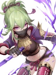 Rule 34 | 1girl, bent over, black gloves, black shorts, breasts, cleavage, crop top, fingerless gloves, genshin impact, gloves, green hair, groin, hair between eyes, highres, holding, holding sword, holding weapon, kuki shinobu, long hair, long sleeves, mask, medium breasts, micro shorts, midriff, mimisuke37, navel, ponytail, red eyes, red thighhighs, shorts, slit pupils, solo, stomach, sword, thighhighs, twitter username, weapon